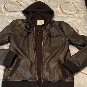 Chor Black Faux Leather Jacket with Hoodie